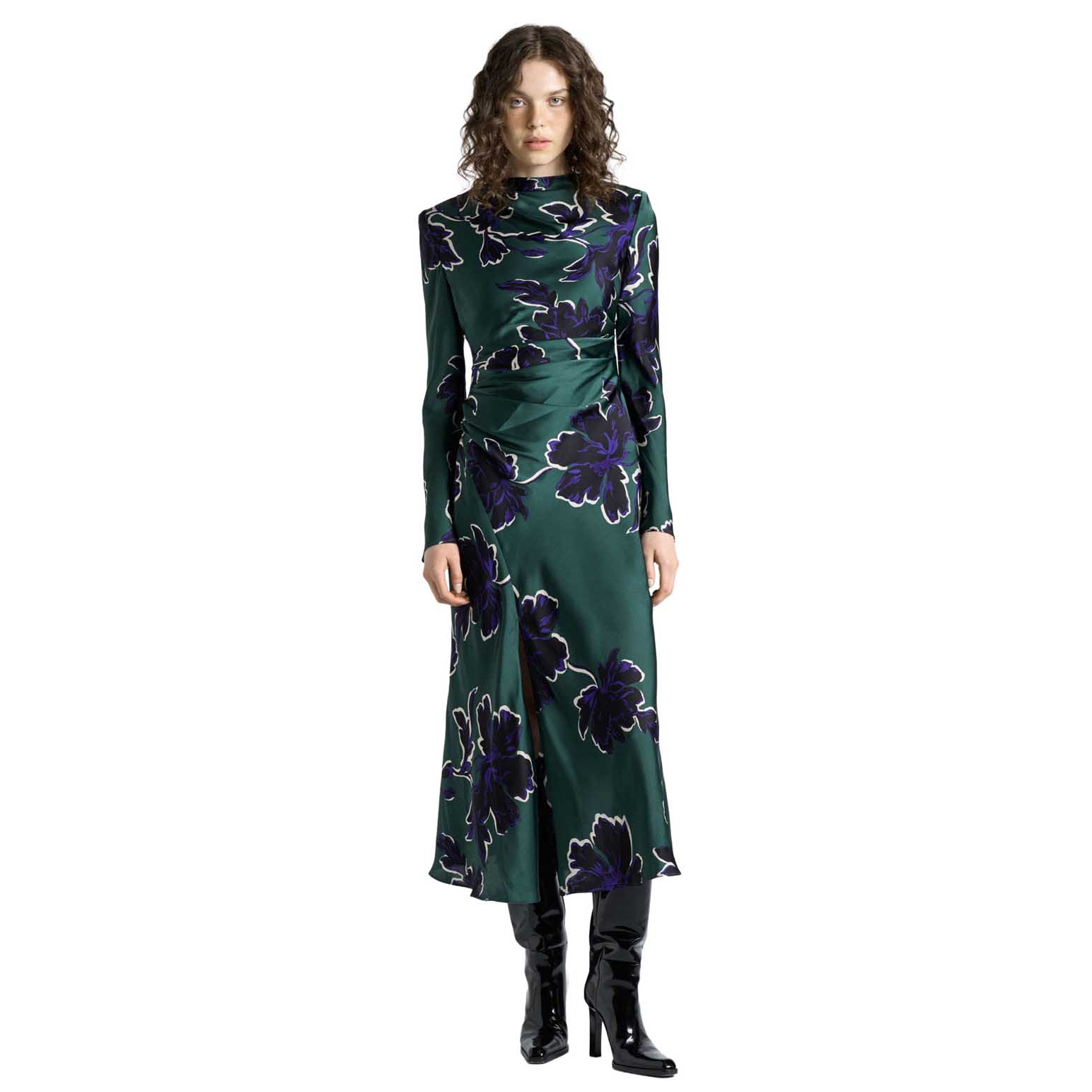 Cue Fern Brushwork Floral Gathered Midi Dress